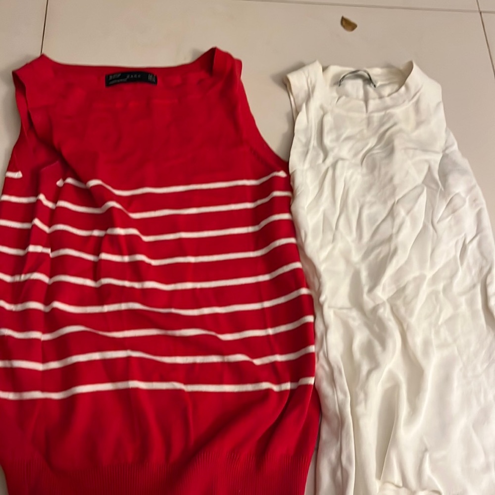 red striped zara shirt and white zara tank